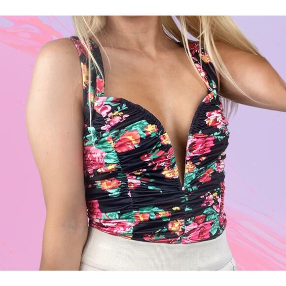 New S Floral Ruched Deep V Neck Wired Bodysuit Black 90's Retro - Picture 2 of 8